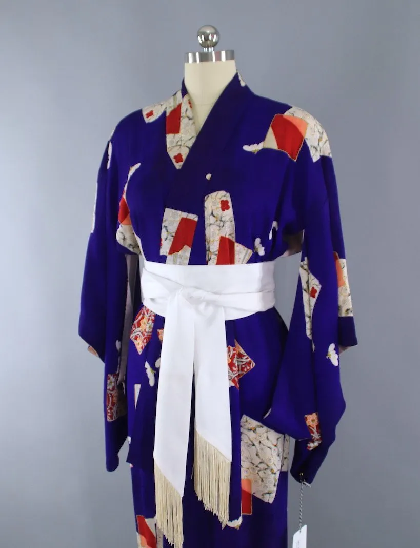 1940s Vintage Silk Kimono Robe / Royal Blue & Red Abstract Print