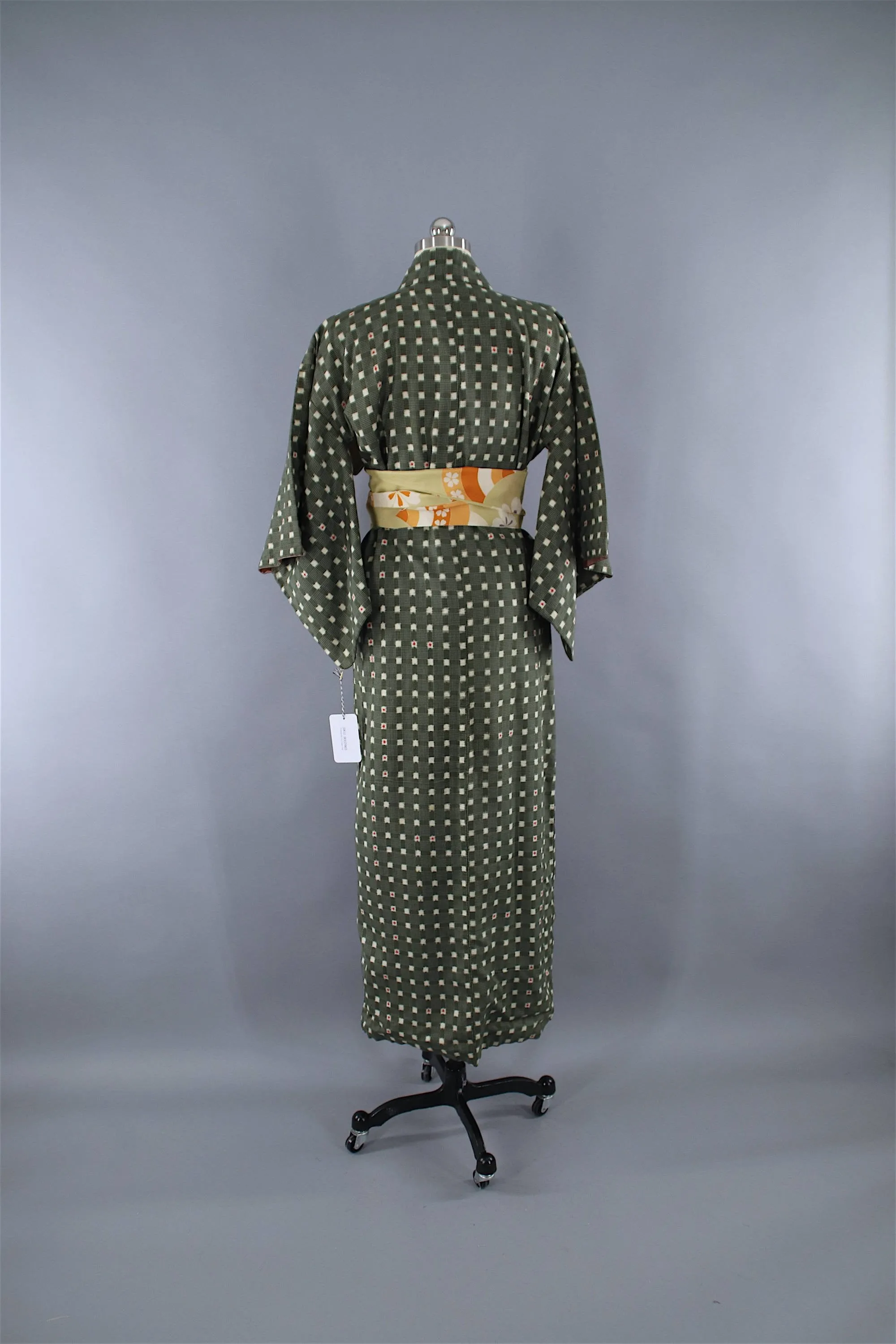 1950s Vintage Kimono Robe / Dark Green Checkered Gingham Rayon Cotton Muslin