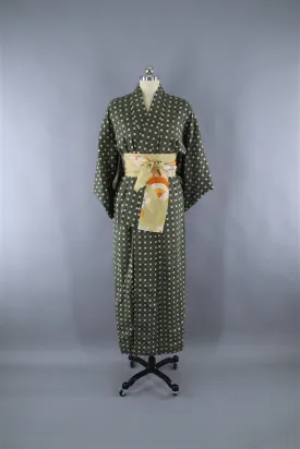 1950s Vintage Kimono Robe / Dark Green Checkered Gingham Rayon Cotton Muslin