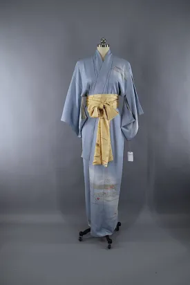 1960s Vintage Silk Kimono Robe / Dusty Sky Blue Embroidered Floral