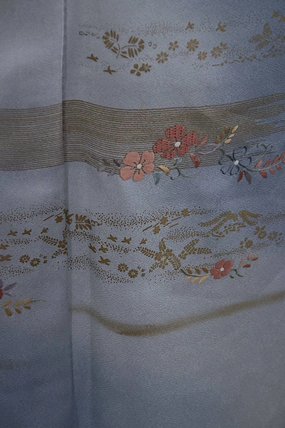 1960s Vintage Silk Kimono Robe / Dusty Sky Blue Embroidered Floral