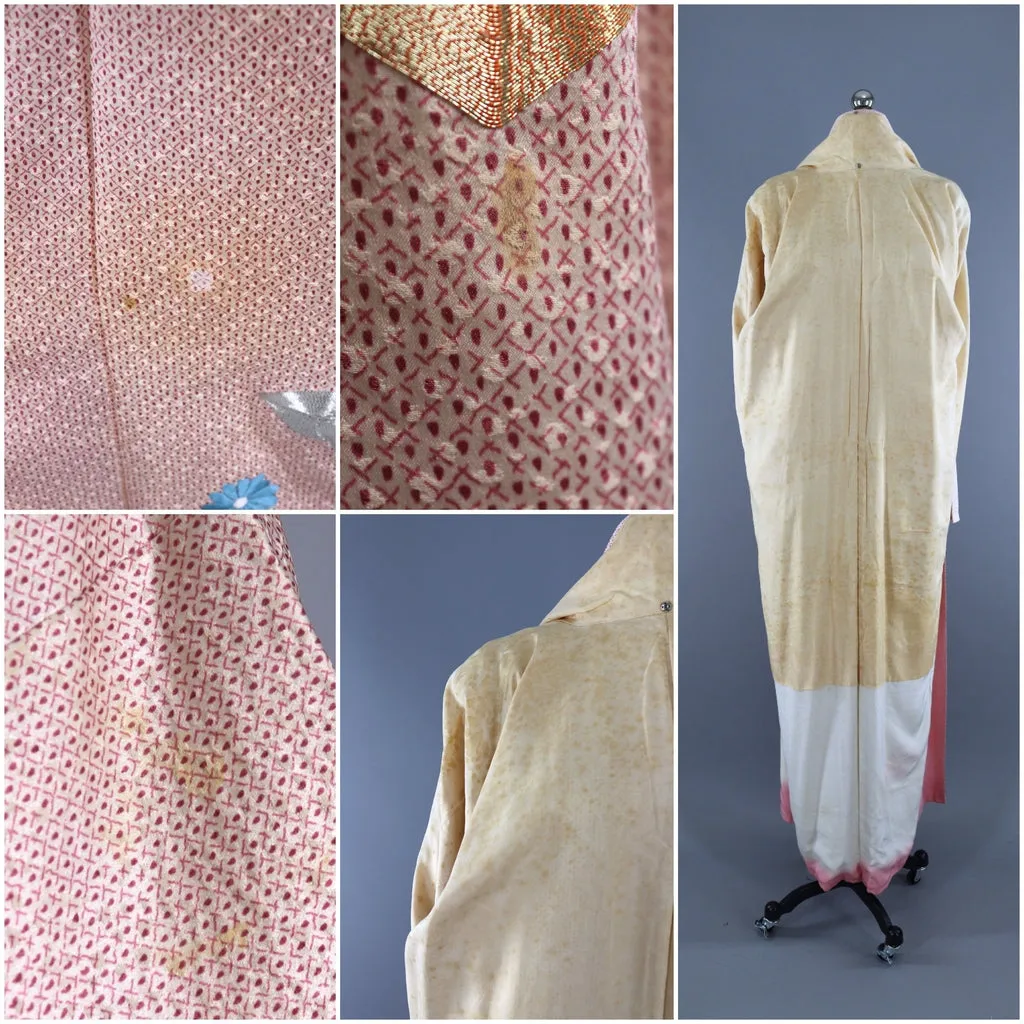 1960s Vintage Silk Kimono Robe / Pink Silver Gold Embroidered Floral