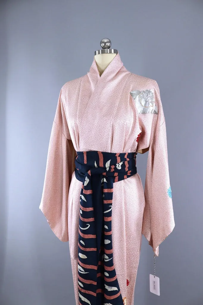 1960s Vintage Silk Kimono Robe / Pink Silver Gold Embroidered Floral