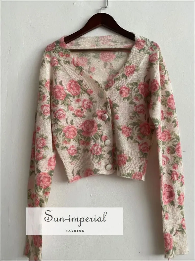 Beige Rose Print Women V-neck Long Sleeve Single Breasted Knitwear Short Cardigan Sweater