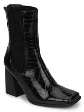 Black Croc Patent Back Zip Ankle Boots