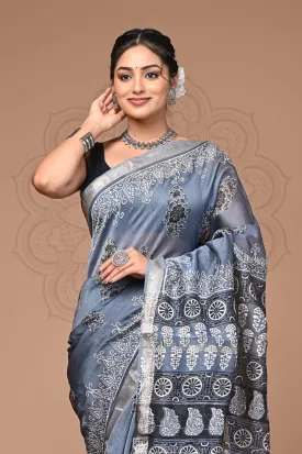 Blue Maheshwari Bagru Print Saree