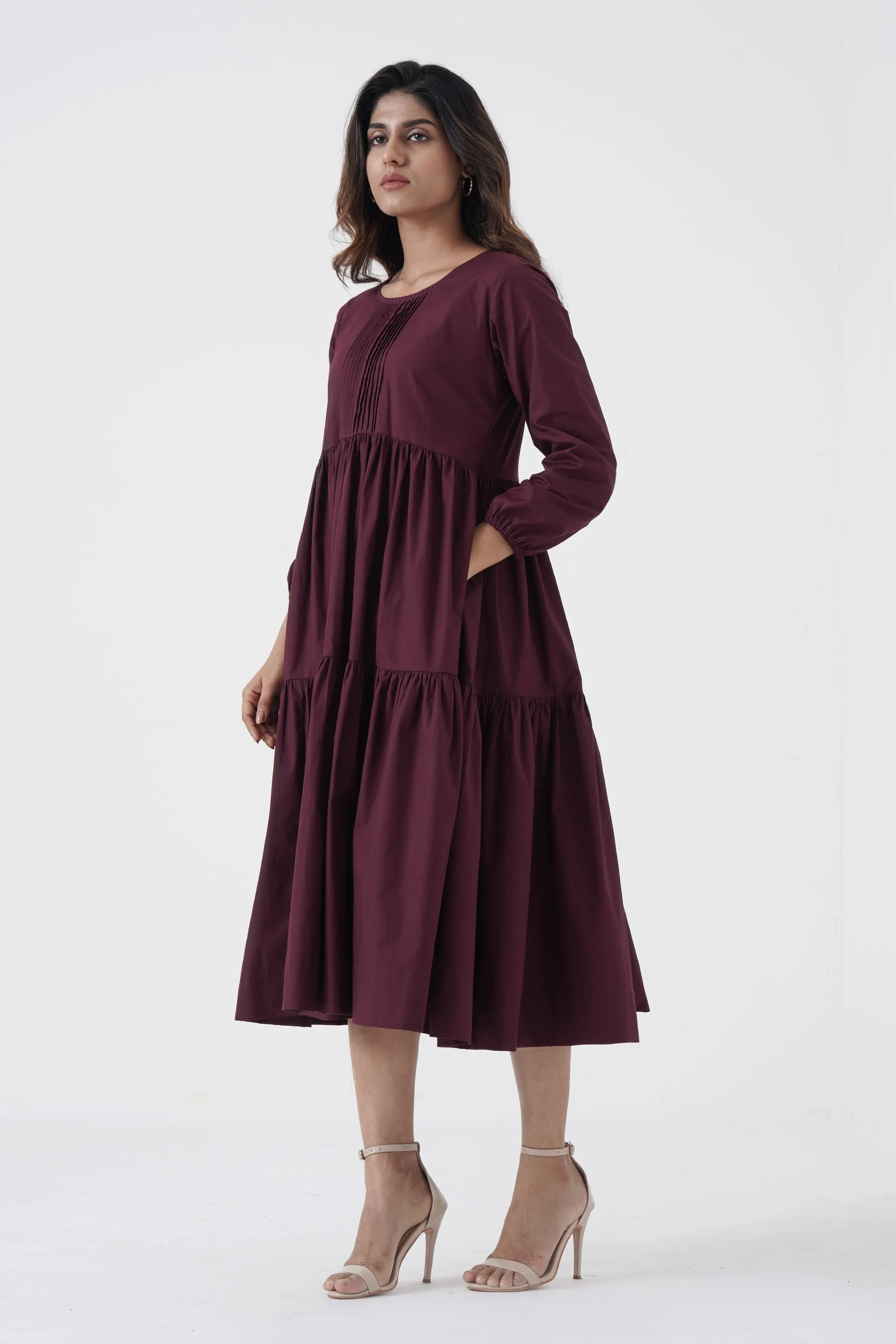 Bustling Soul- Back strap Tier Dress- Wine