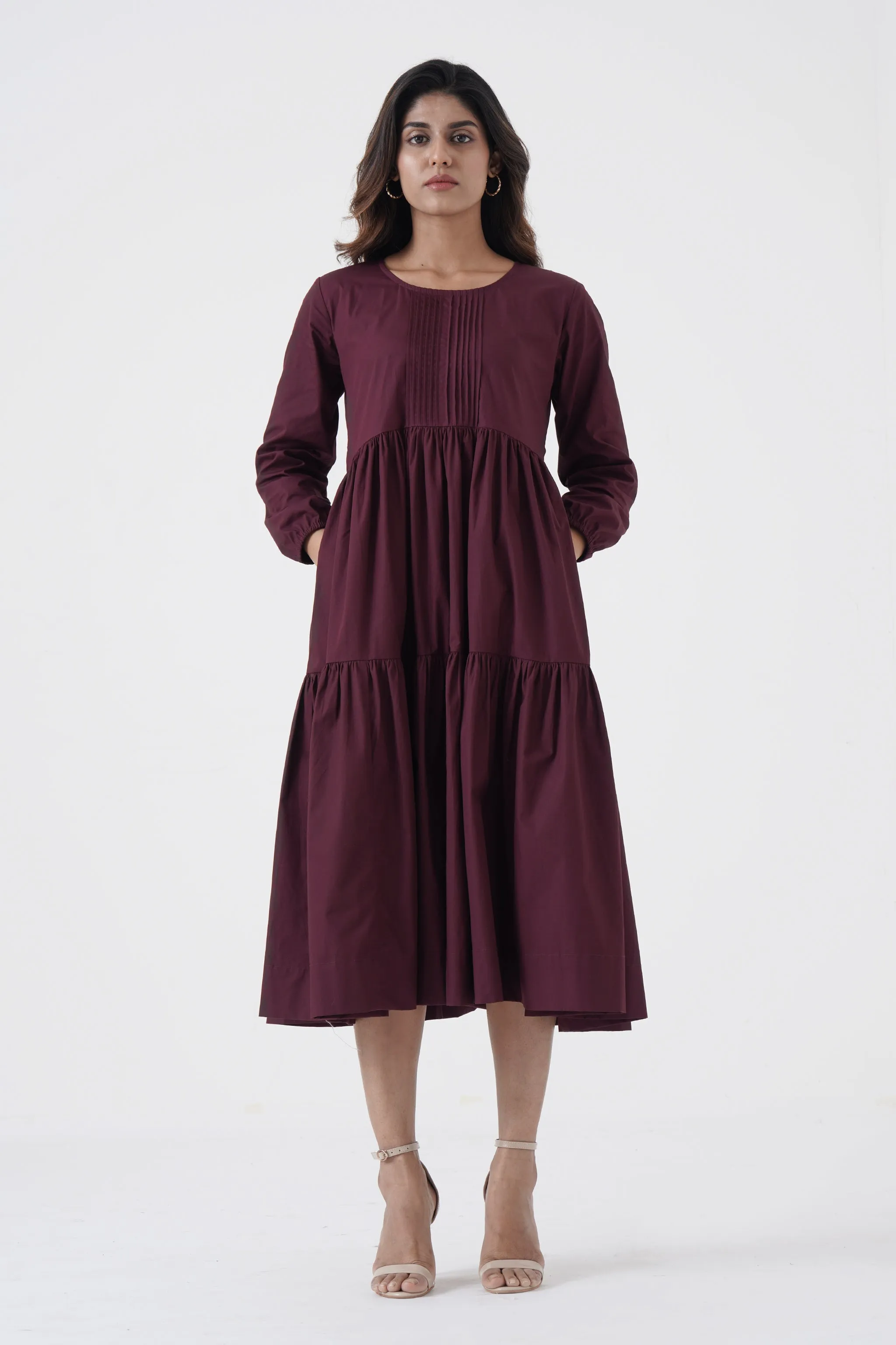 Bustling Soul- Back strap Tier Dress- Wine