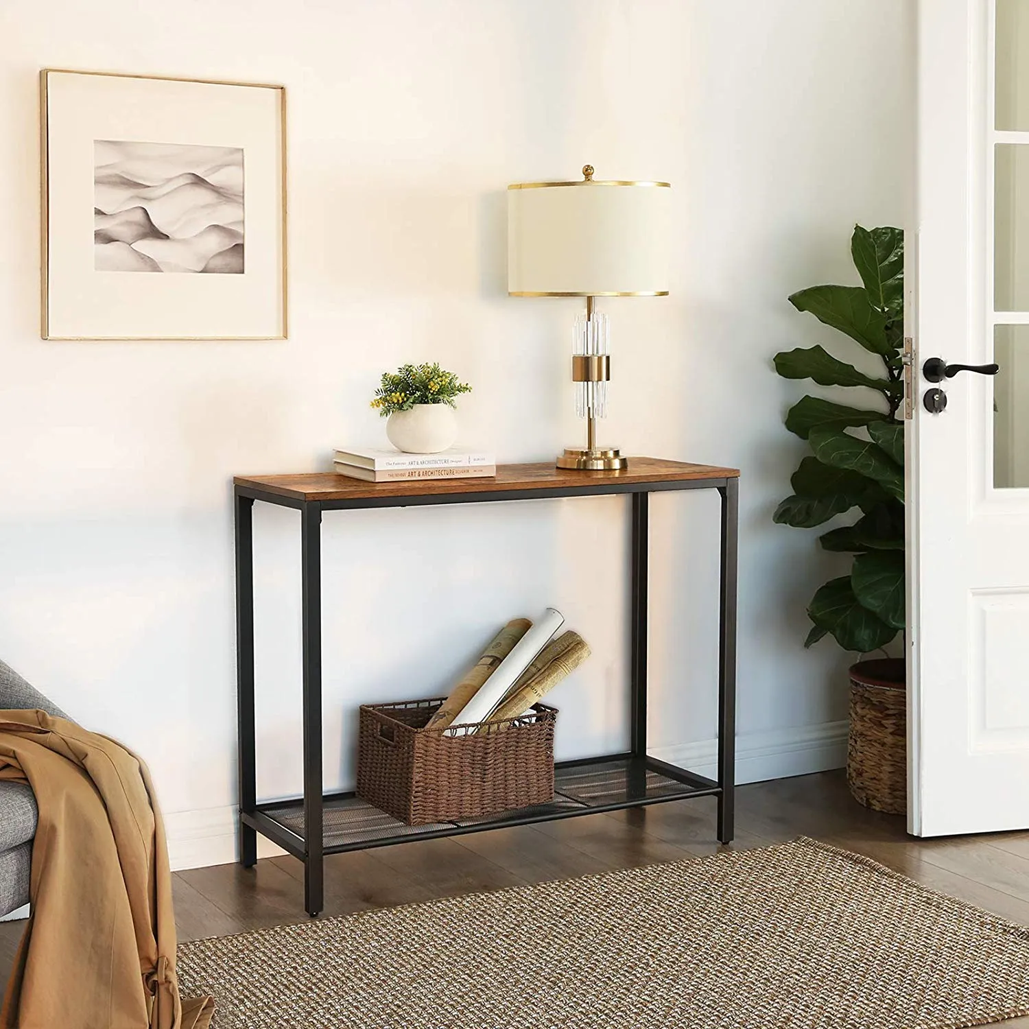 Console Table with Metal Mesh Shelf