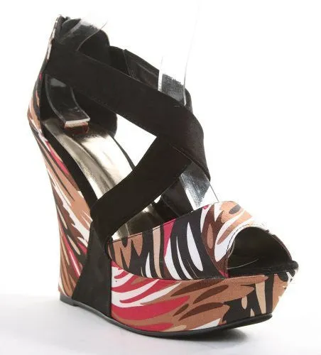 Kelsie Abstract Print Criss Cross Platform Wedge