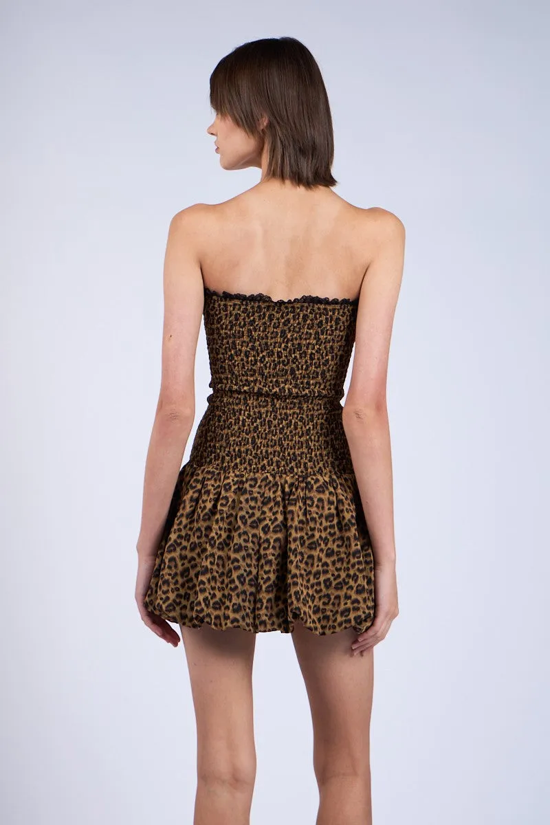 LEOPARD SMOCKED BUBBLE MINI DRESS