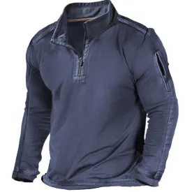 Men's Outdoor Zipper Pocket Half Zip Collar Long Sleeve T-Shirt | A0MM