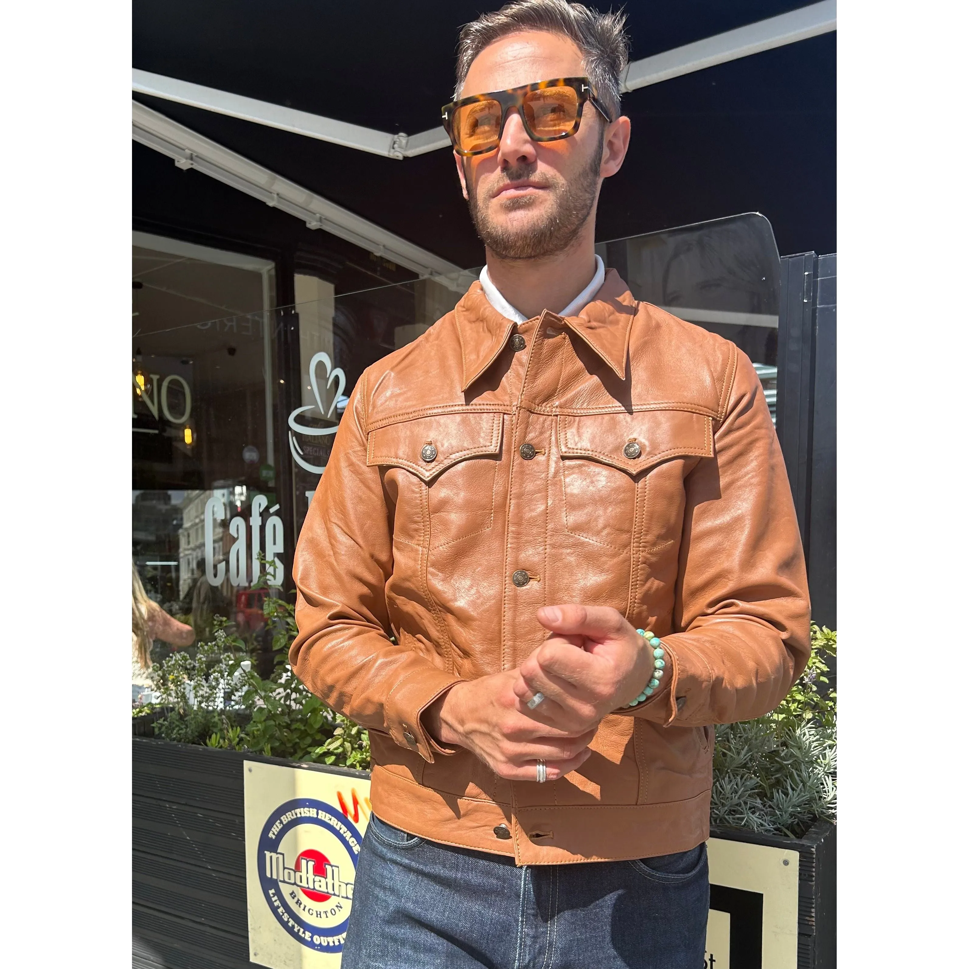 Modfather Clothing - Men’s Leather Tan - Trucker Jacket