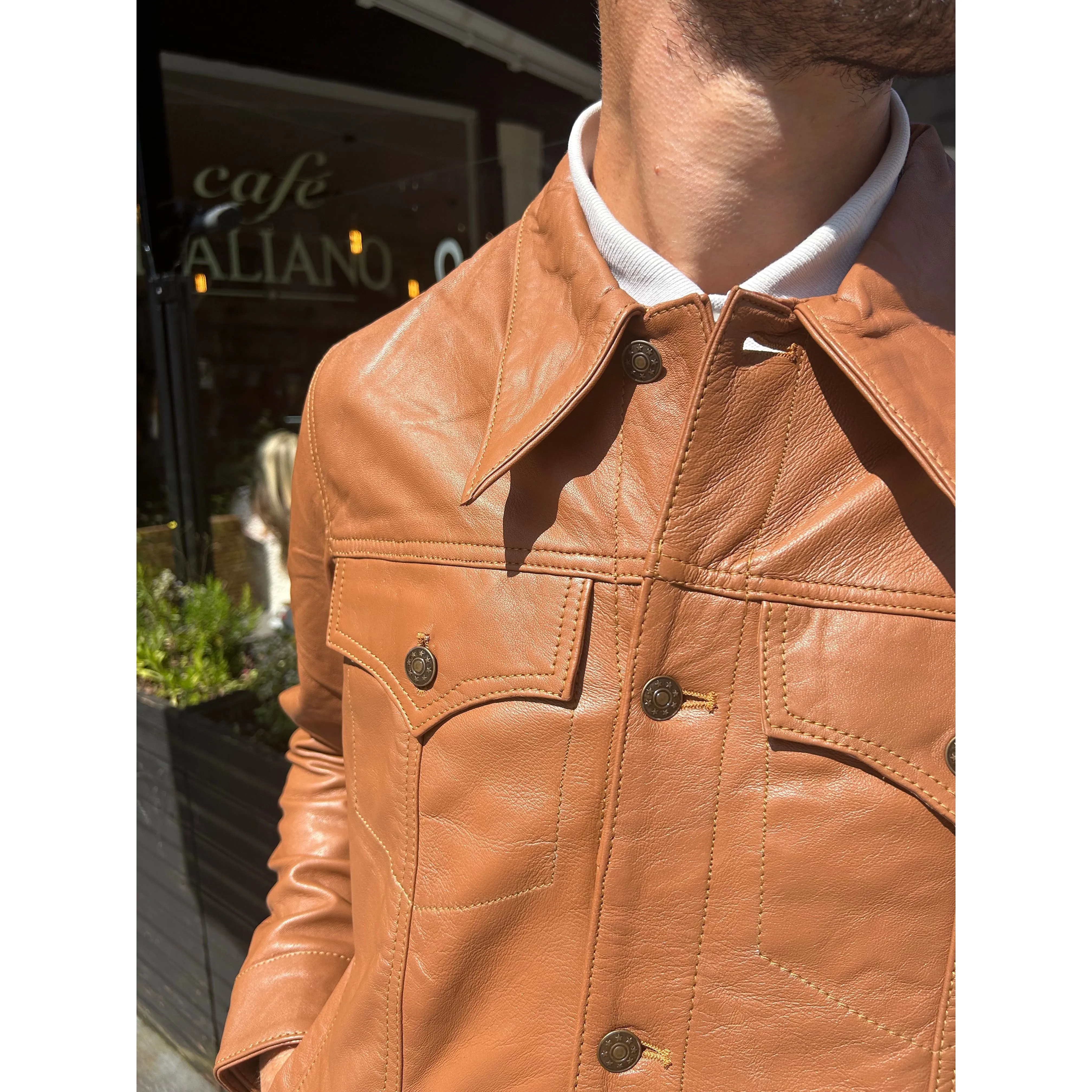 Modfather Clothing - Men’s Leather Tan - Trucker Jacket