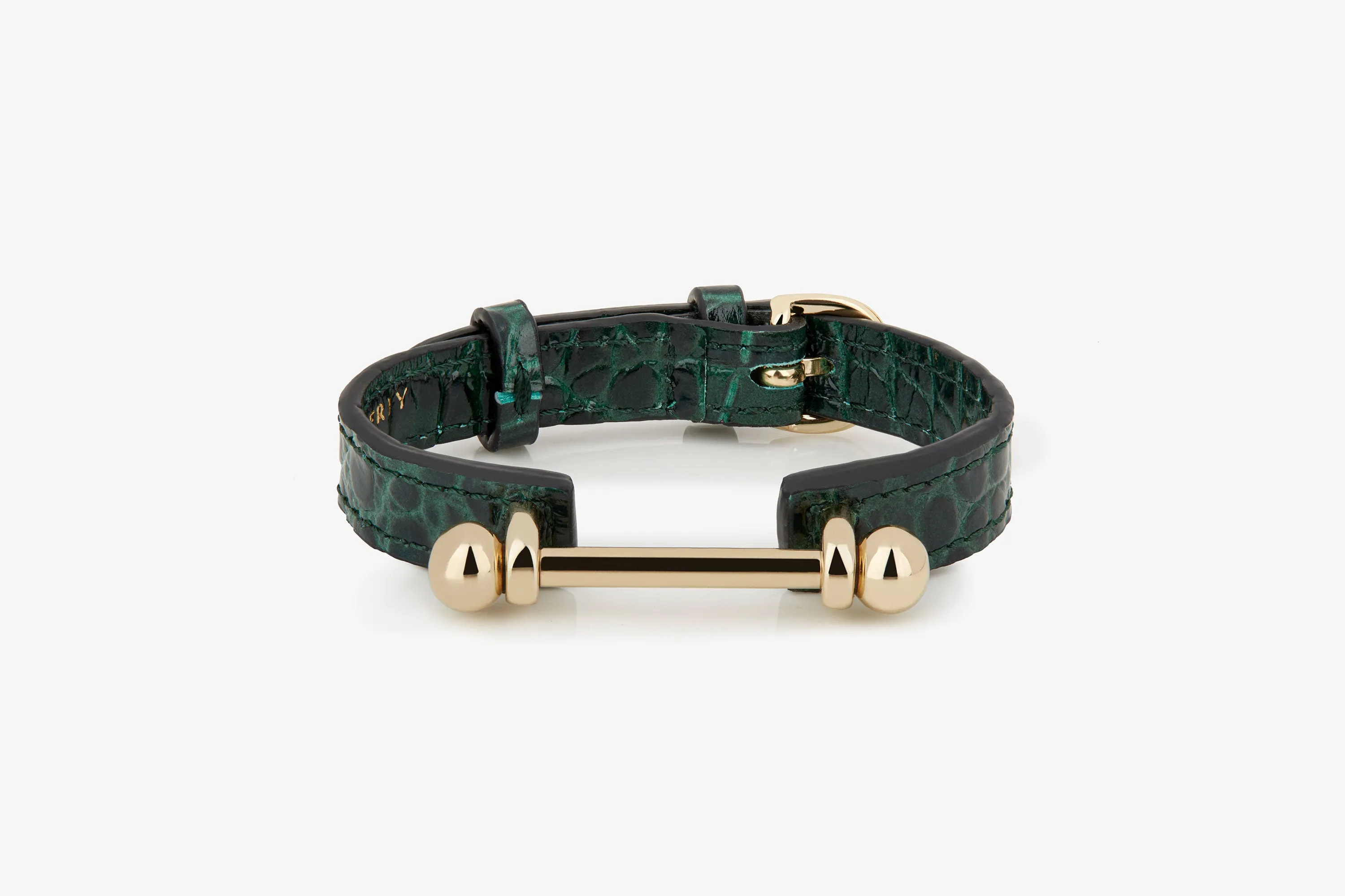 Music Bar Bracelet - Croc-Embossed Leather Bottle Green